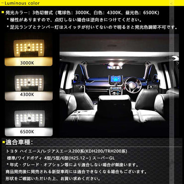 ハイエース/レジアスエース200系4型 5型 6型 LEDルームランプセット 3色5段階調整可 記憶機能搭載 車内灯 室内灯 ルームライト LEDランプ 内装 パーツ