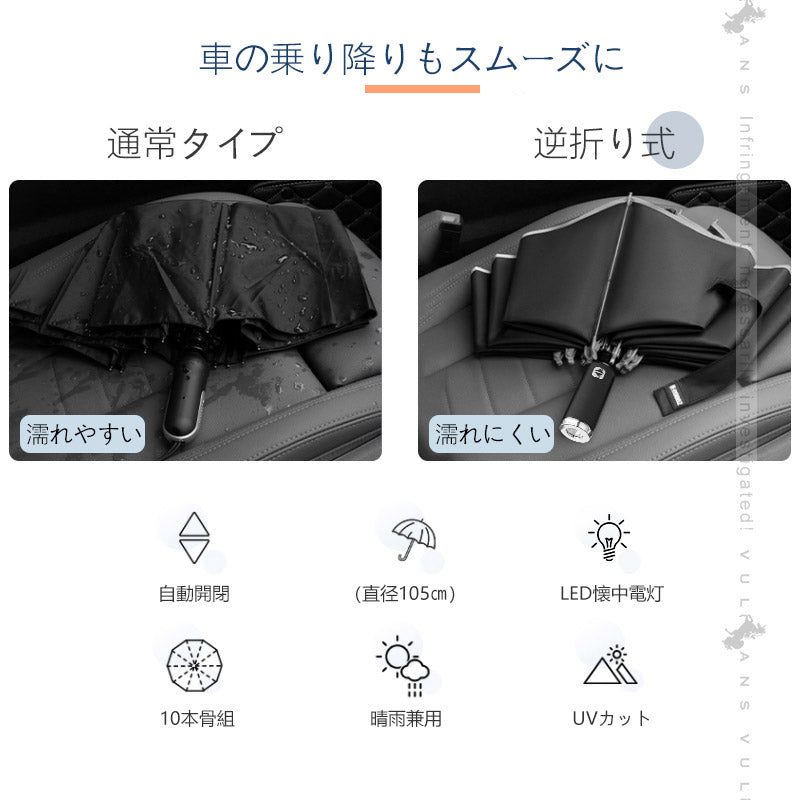 晴雨兼用 折り畳み傘 10本骨 & 逆折り式 LEDライト 反射テープ 自動開閉 コンパクトサイズ 耐風 超撥水 梅雨対策 台風対応 日傘 UVカット 収納付き