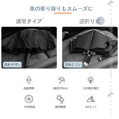 晴雨兼用 折り畳み傘 10本骨 & 逆折り式 LEDライト 反射テープ 自動開閉 コンパクトサイズ 耐風 超撥水 梅雨対策 台風対応 日傘 UVカット 収納付き