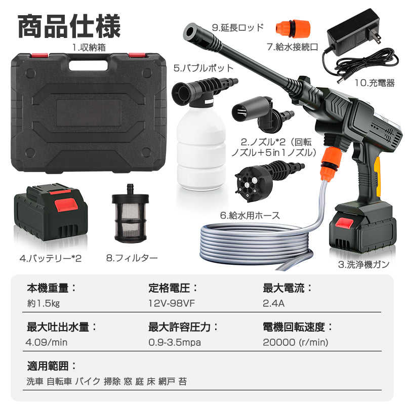 高圧洗浄機 コードレス 充電式 洗浄機 洗車機 強力噴射 バッテリー2個 吐出圧力3.5Mpa PSE認証済み 5in1ノズル 家庭用 小型 業務用 洗車 強力 軽量
