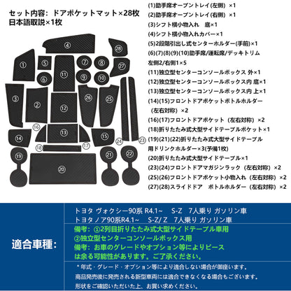 ノア90系 ヴォクシー90系 ドアポケットマット 28枚 7人乗り S-Z /Z ラバーマット 滑り止めマット インテリアマット 水洗いOK 内装 パーツ キズ防止 NOAH VOXY
