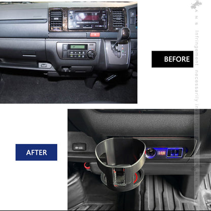 ハイエース200系 1型～6型 増設電源ユニット QC3.0急速充電×2口 ドリンクホルダー 電圧計 増設 シガーソケット 電源 フットライト 内装 電装 パーツ HIACE 200