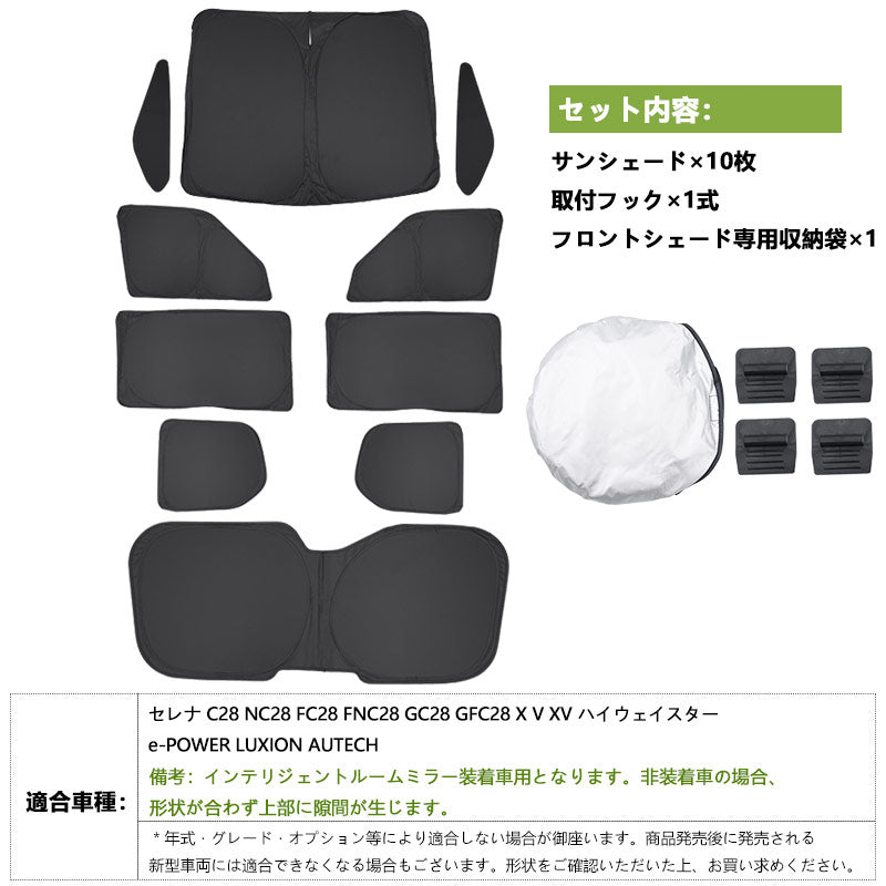 開閉式NEWモデル 日産 セレナ C28 クイックサンシェード 折り畳み式 日除け 断熱 遮熱 遮光率99% 車中泊 盗難防止 目隠し 仮眠 アウトドア 内装 パーツ 1台分