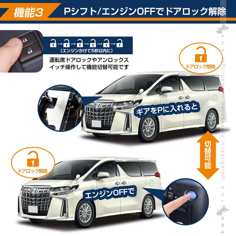 アルファード ヴェルファイア 30系 前期 後期 OBDドアロック 多機能ハーネス エンジン掛けたままドアロック 車速連動 ドアロック ハザード連動 電装 パーツ