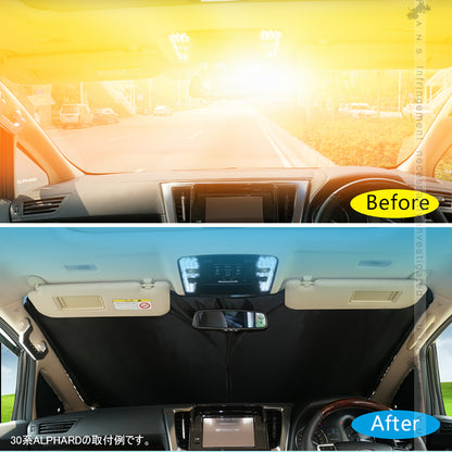 三角窓までカバーできる N-BOX JF5 JF6 ワンタッチ フロントシェード フロントサンシェード 日除け 断熱 サンシェード 紫外線対策 収納袋付 パーツ内装