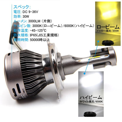 LEDヘッドライト 2色切り替え H4 Hi/Lo 360度光軸調整可 DC9V～36V IP65 2個 6000LM 瞬間起動 冷却ファン搭載 アルミ合金 SS30 LEDフォグランプ 取付簡単 電装 - VULCANS