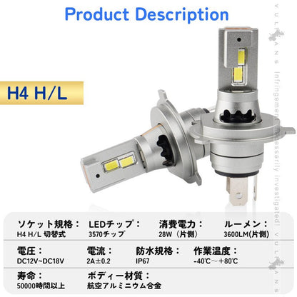 LEDヘッドライト H1/H4 H/L/H7/HB3/HB4から選べる 瞬間起動 高輝度 過電圧・定電流回路 銅基板 航空アルミ合金 LEDフォグランプ LEDバルブ 7200LM 防水 IP67 - VULCANS