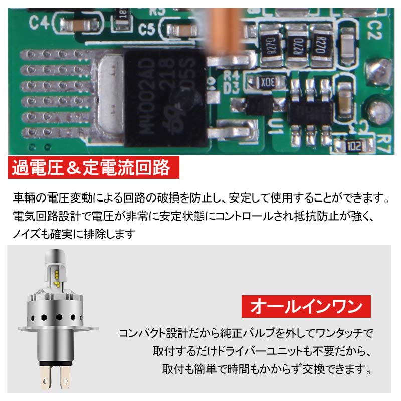 LEDヘッドライト H4 H/L 切替式 一体型 新車検対応 1年保証 オールインワン PHILIPS製 ZES 25W×2 6000LM ワンタッチ 瞬間起動 過電圧・定電流回路 9P Hi/Low - VULCANS