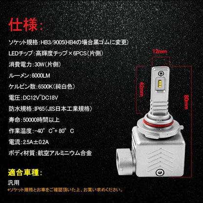 LEDヘッドライト HB3/9005 新車検対応 1年保証 次世代 オールインワン 一体型 PHILIPS製 30W×2 6000LM ワンタッチ 瞬間起動 過電圧・定電流回路 - VULCANS