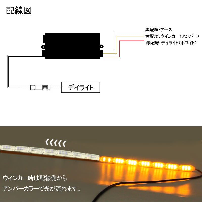 デイライト機能付き LEDシーケンシャルウインカー LEDテープライト カット可能 ホワイト/アンバー 流れる 16連 50cm 2本 12V用 ヘッドライト埋め込み式 - VULCANS