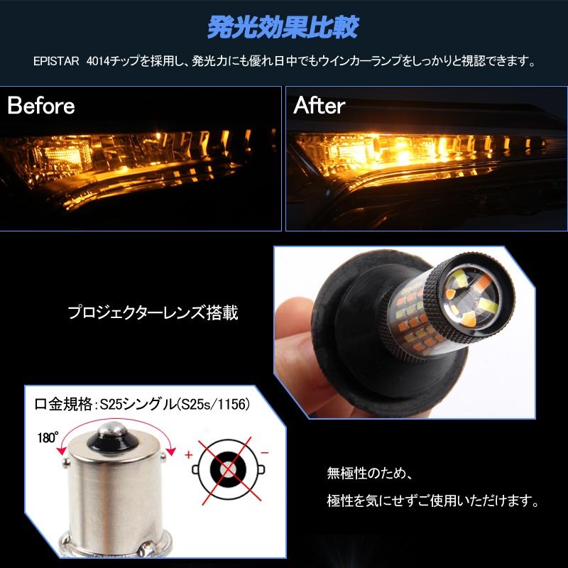 LEDウインカーポジションキット S25s/1156 ハイフラ抵抗器付 LEDバルブ 12V 4014SMD 60連 LEDシングル球 定電流回路内蔵 ウインカー優先機能 無極性 - VULCANS