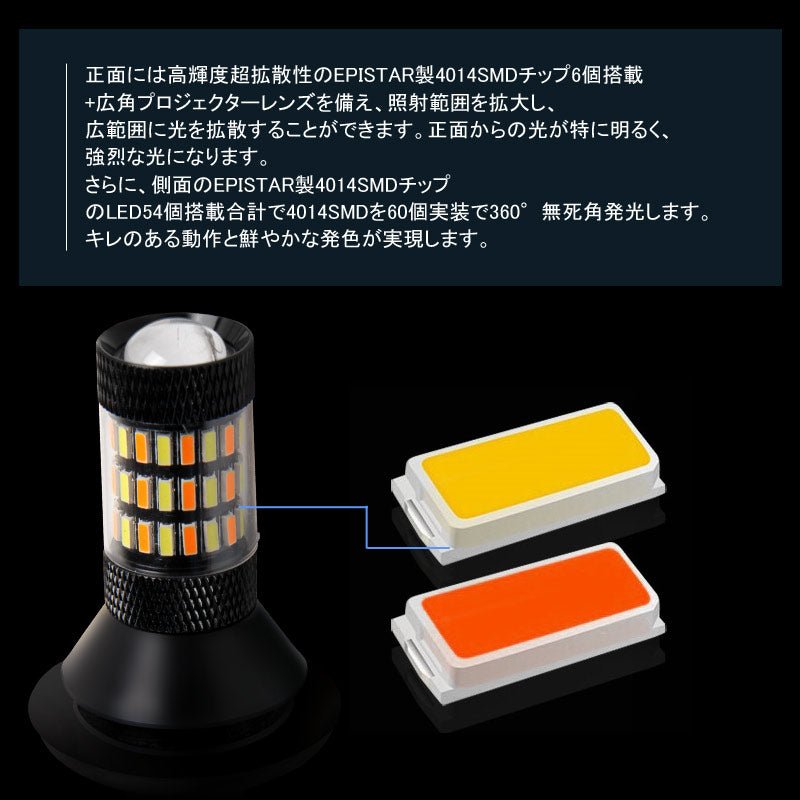 LEDウインカーポジションキット T20/T20 ピンチ部違い兼用 ハイフラ抵抗器付 LEDバルブ 12V 4014SMD 60連 LEDシングル球 定電流回路内蔵 ウインカー優先機能 - VULCANS