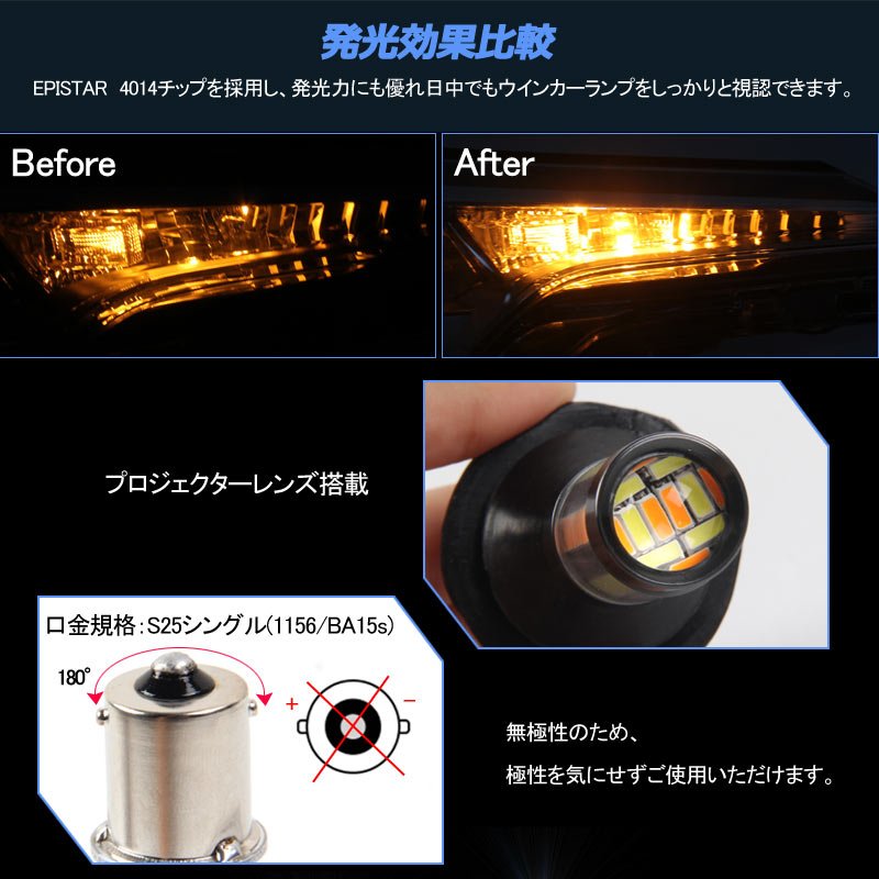 ウインカーポジションキット S25/1156 LEDハイフラ防止抵抗付 LEDバルブ 4014SMD 66連 LEDシングル球 定電流回路内蔵 ウインカー優先機能 無極性 - VULCANS