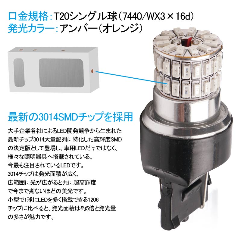 T20 ピンチ部違い ステルス LEDウインカーバルブ 48連SMD 3014チップ DC12V - 30V 無極性 2個 ウインカー専用 LEDバルブ アンバー WX3×16d 車・バイクに最適<BR> - VULCANS