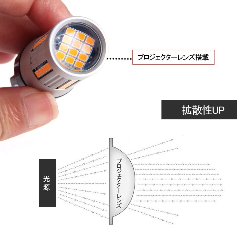 T20 ピンチ部違い シングル球 ハイフラ防止抵抗内蔵 ウインカー専用 LEDバルブ ハイブリッド車にも対応 無極性 7440 WX3×16d 66SMD搭載 キャンセラー内蔵 - VULCANS