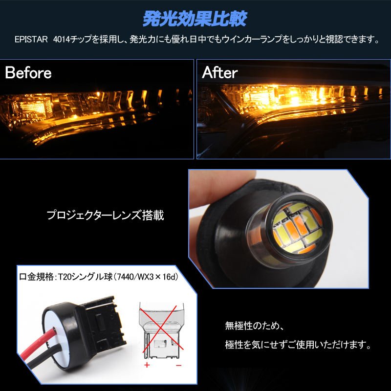 ウインカーポジションキット T20/T20ピンチ部違い兼用 LED ハイフラ防止抵抗付 LEDバルブ 4014SMD 66連 LEDシングル球 定電流回路内蔵 ウインカー優先機能 - VULCANS
