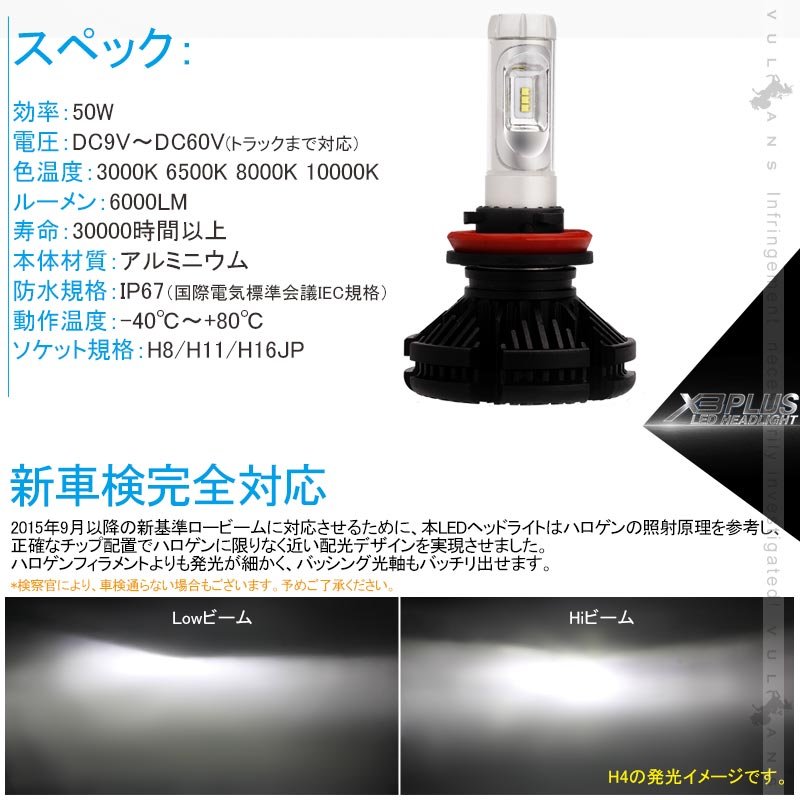 業界初 X3 PLUS LEDヘッドライト H8/H11/H16JP 新車検対応 DC9V～DC60V トラックまで対応 PHILIPS ZES ケルビン値変更可 6000LM 2個 光軸調整可 1年保証 IP67 - VULCANS